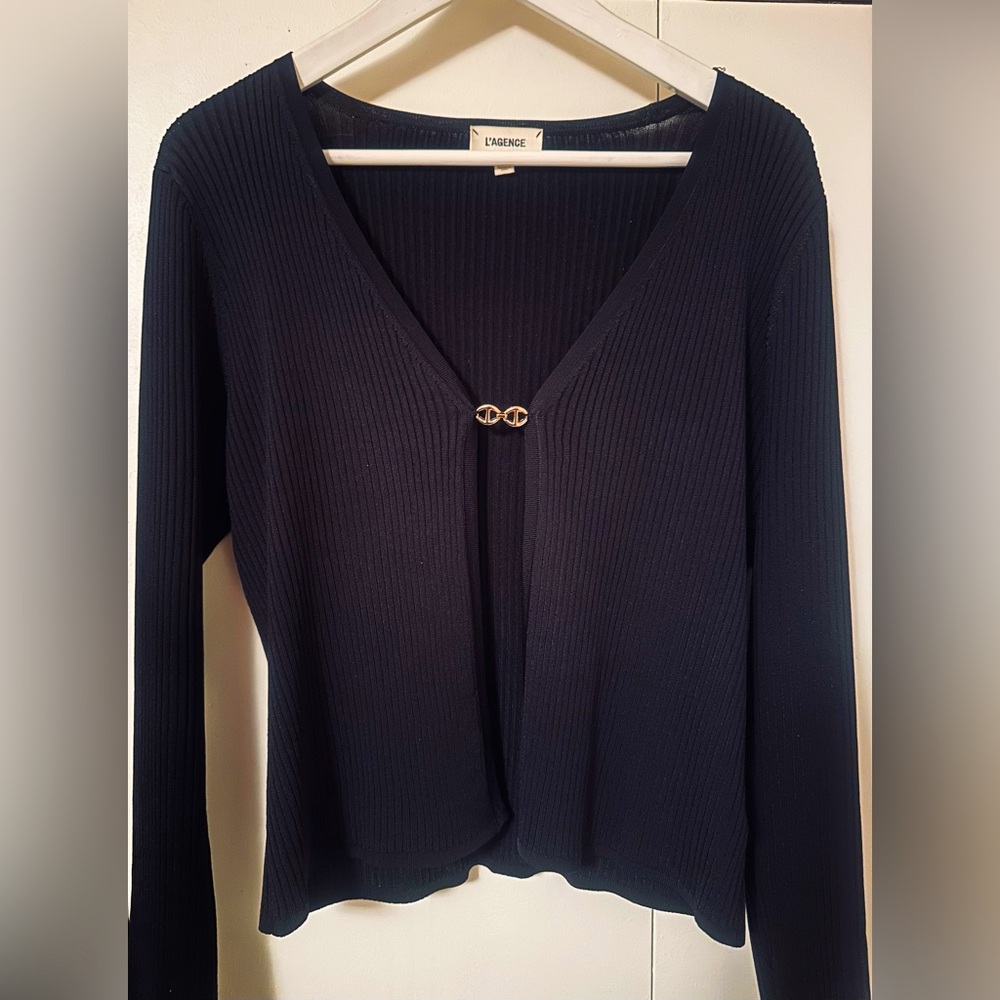 L'AGENCE Navy Ribbed V-Neck Cardigan with Gold Accent